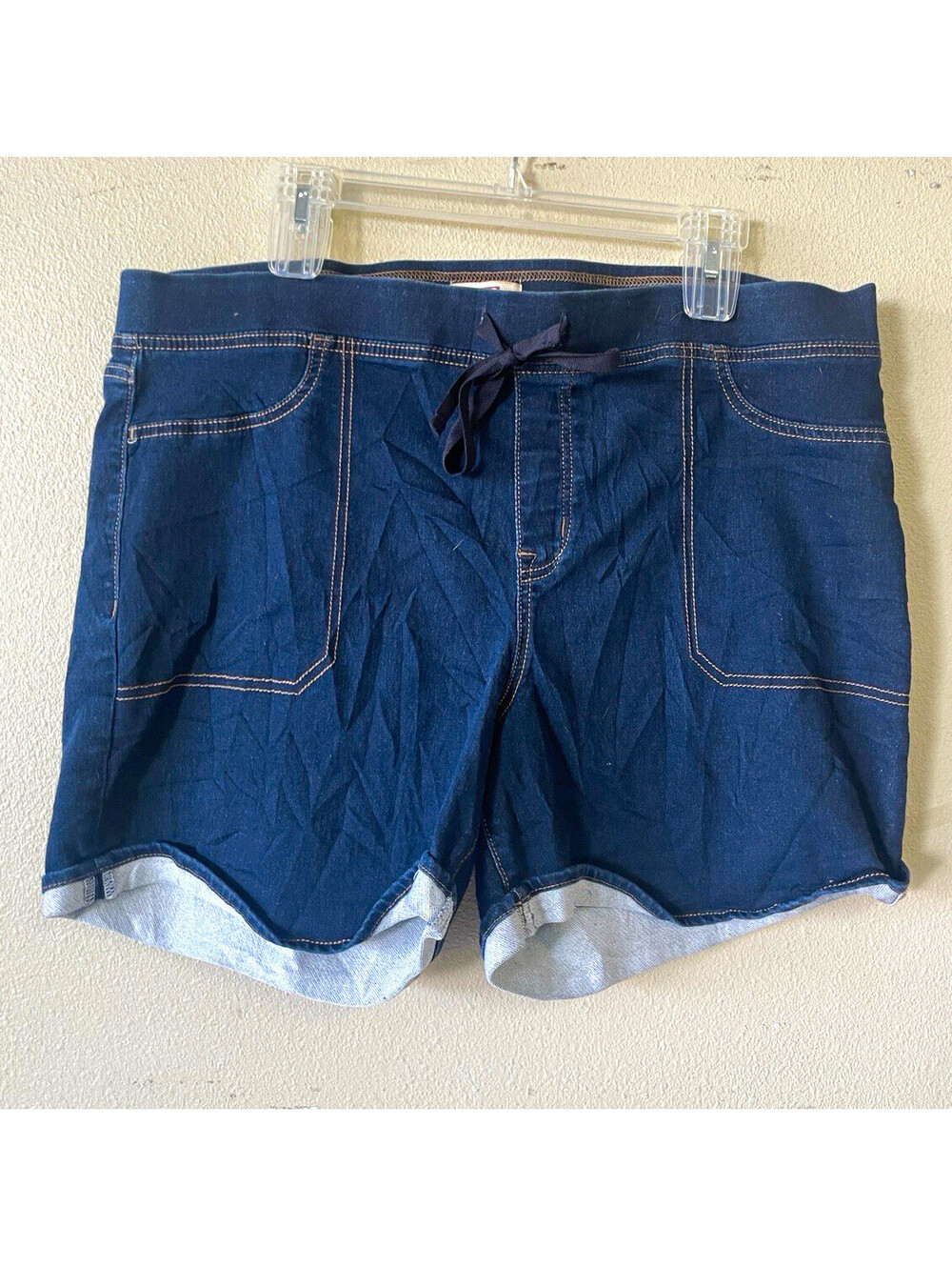 lei Junior Plus 1X Blue Utility Denim Shorts Mid Rise Dark Wash Drawstring